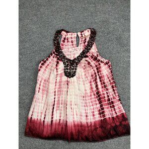 Velvet Shirt Womens Small Pink Red Tie Dye‎ Silk Beaded Halter Top USA Blouse